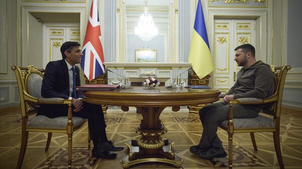 Nesta foto fornecida pela Assessoria de Imprensa Presidencial Ucraniana, o presidente ucraniano Vladimir Zelensky, à direita, fala com o primeiro-ministro britânico, Rishi Sunak, durante sua reunião em Kyiv, Ucrânia, 19 de novembro de 2022 - Sputnik Brasil