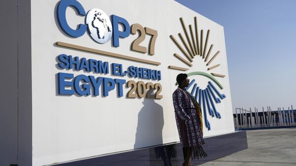 Uma mulher posa para foto em frente a uma placa na Cúpula do Clima da ONU, COP27, em Sharm el-Sheikh, Egito, 16 de novembro de 2022 - Sputnik Brasil