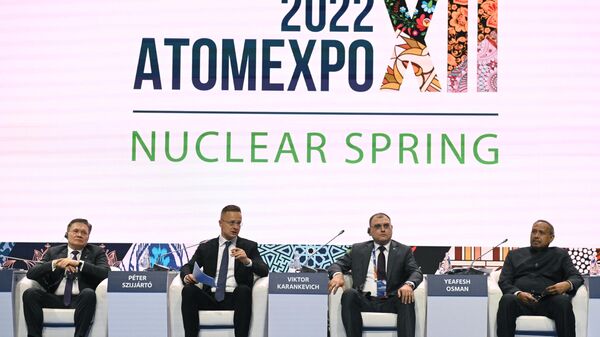 Panelistas reunidos durante a sessão plenária do Fórum Internacional AtomExpo, Sochi, Rússia, 21 de novembro de 2022 - Sputnik Brasil