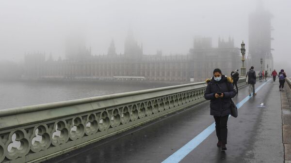 Pessoas usando máscaras faciais caminham pela Westminster Bridge com as Casas do Parlamento envoltas em neblina, em Londres, Reino Unido, 8 de dezembro de 2020 - Sputnik Brasil