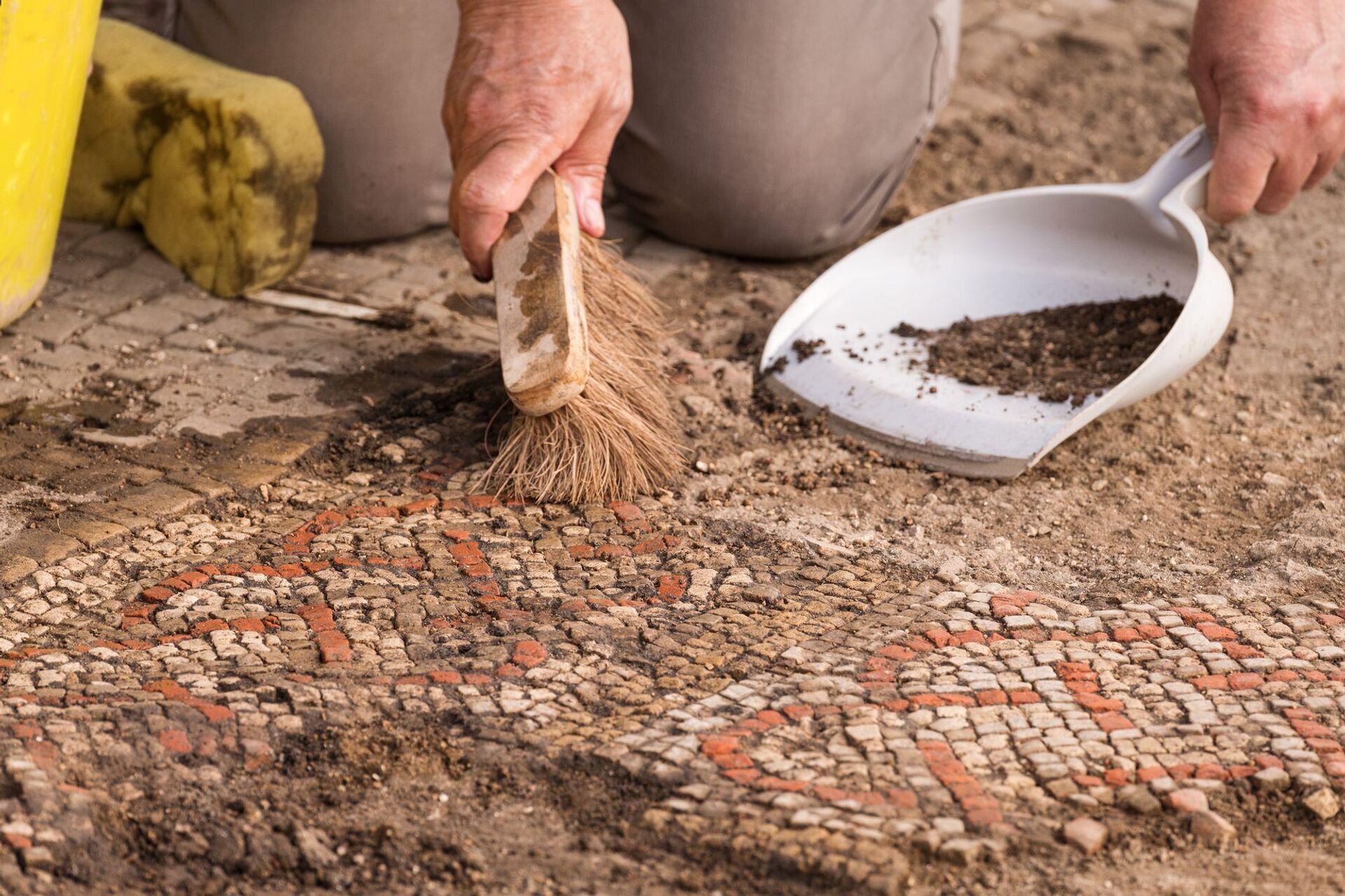 Uma equipe de arqueólogos da Universidade de Leicester, no Reino Unido, descobriu um raro mosaico que fazia parte de uma luxuosa residência romana, a aproximadamente 120 quilômetros de Londres - Sputnik Brasil, 1920, 29.11.2022