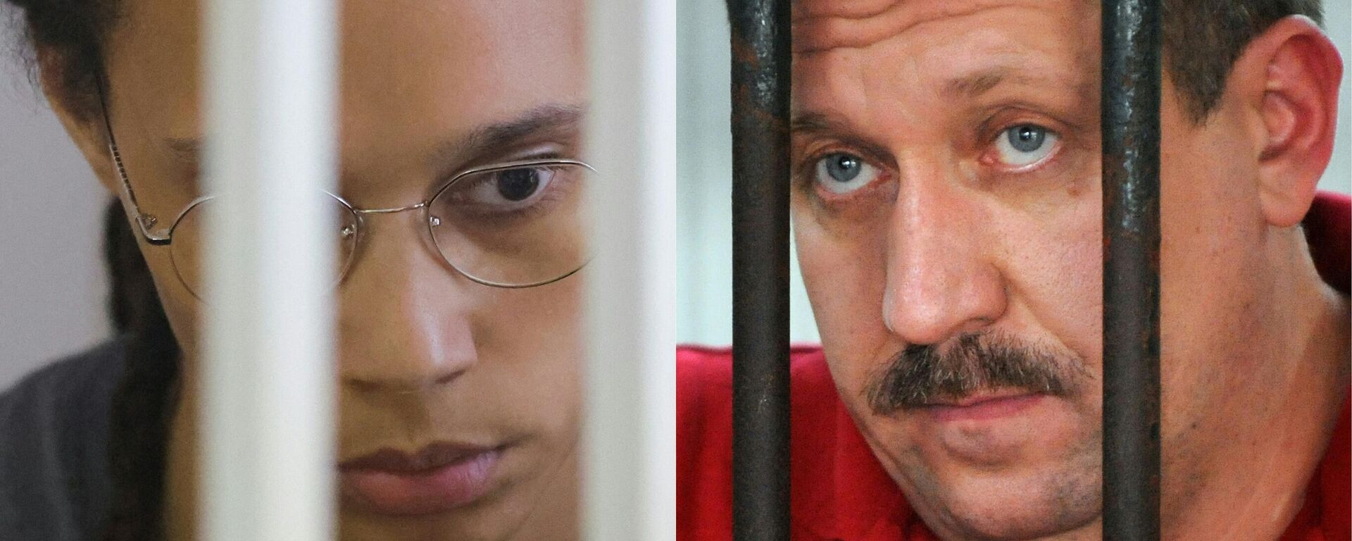 Brittney Griner, jogadora de basquete dos EUA em prisão de réu de Khimki, Rússia, 4 de agosto de 2022 (à esquerda), e Viktor Bout, da Rússia, em centro de detenção em Bangkok, Tailândia, 8 de março de 2008 (à direita) - Sputnik Brasil, 1920, 08.12.2022