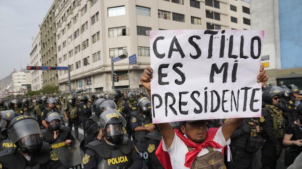 Manifestante carrega cartaz em apoio a Pedro Castillo, presidente deposto do Peru, em Lima, em 9 de dezembro de 2022 - Sputnik Brasil