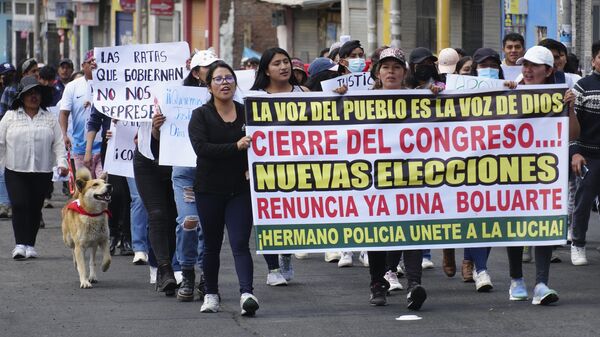 Apoiadores do presidente deposto Pedro Castillo marcham em Andahuaylas, no Peru, na quarta-feira, 14 de dezembro de 2022, com cartazes que pedem o fim do Congresso e a renúncia de Dina Boluarte - Sputnik Brasil