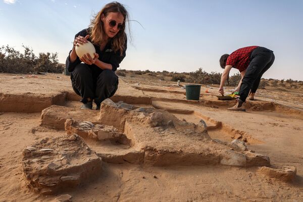 Arqueólogo com ovo de avestruz de mais de 4.000 anos, encontrado em uma localidade nas dunas perto de Nitzana, ao longo da fronteira israelo-egípcia no deserto ocidental de Negev - Sputnik Brasil