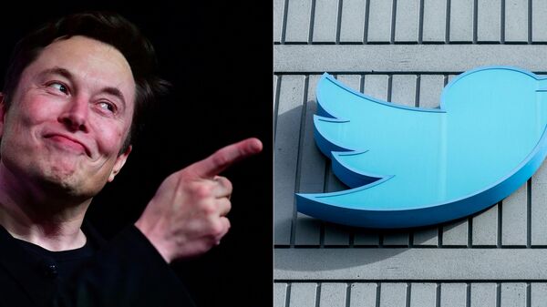 CEO da Tesla, Elon Musk em Hawthorne, Califórnia, 14 de março de 2019, e o logotipo do Twitter n parte externa de sua sede em San Francisco, Califórnia, 28 de outubro de 2022 - Sputnik Brasil