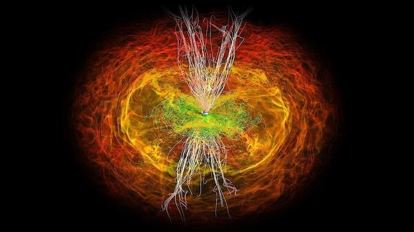 Simulação numérica da estrela de nêutrons mergulhando para formar um buraco negro, com seus discos de acreção interagindo para produzir ondas eletromagnéticas - Sputnik Brasil