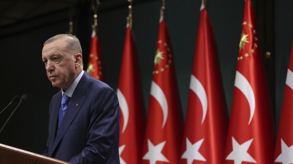 Nesta foto divulgada pela Presidência turca, o presidente da Turquia, Recep Tayyip Erdogan, fala após uma reunião de gabinete em Ancara, Turquia, 23 de janeiro de 2023 - Sputnik Brasil
