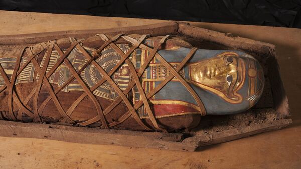 Múmia com máscara de papelão dourado em um sarcófago de madeira - Sputnik Brasil