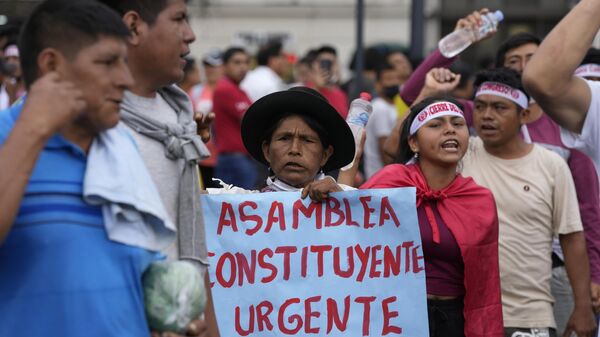 Manifestante carrega cartaz pedindo Assembleia constituinte urgente no Peru durante marcha contra o governo de Dina Boluarte. Lima, 18 de janeiro de 2023 - Sputnik Brasil