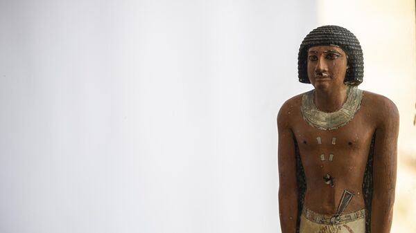 Статуя фараона выставлена на всеобщее обозрение во время пресс-конференции на археологическом объекте Саккара, Египет - Sputnik Brasil