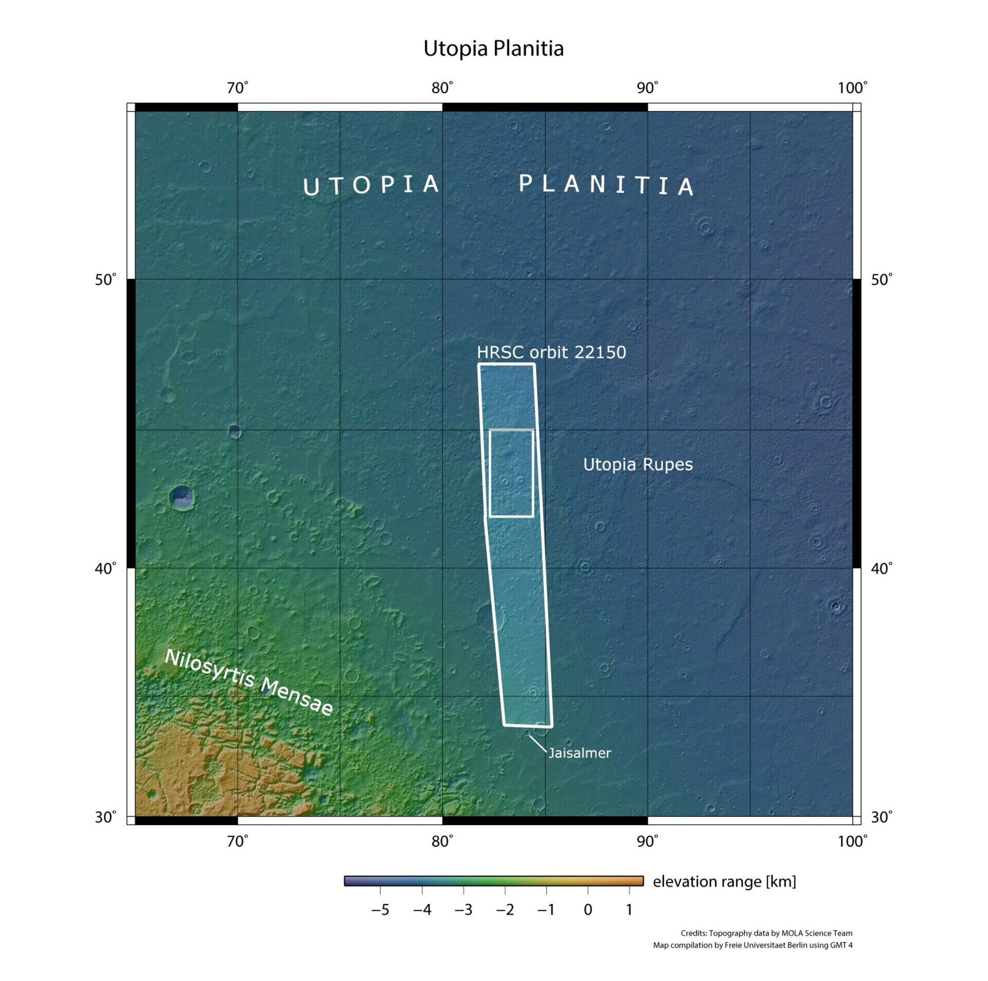 Esta imagem mostra a Utopia Planitia, uma das três maiores bacias no hemisfério norte de Marte, com um diâmetro de aproximadamente 3.300 quilômetros - Sputnik Brasil, 1920, 31.01.2023