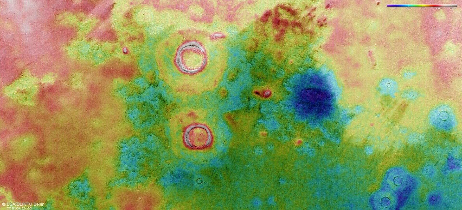 Imagem da topografia codificada em cores da Utopia Planitia. As partes inferiores da superfície são mostradas em azul e púrpura, enquanto as regiões de maior altitude são mostradas em branco e vermelho - Sputnik Brasil, 1920, 31.01.2023