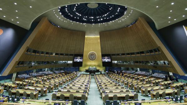 Salão da Assembleia Geral das Nações Unidas ainda vazio antes do início da 76ª Sessão da Assembleia Geral na sede da ONU. Nova York, 20 de setembro de 2021 - Sputnik Brasil