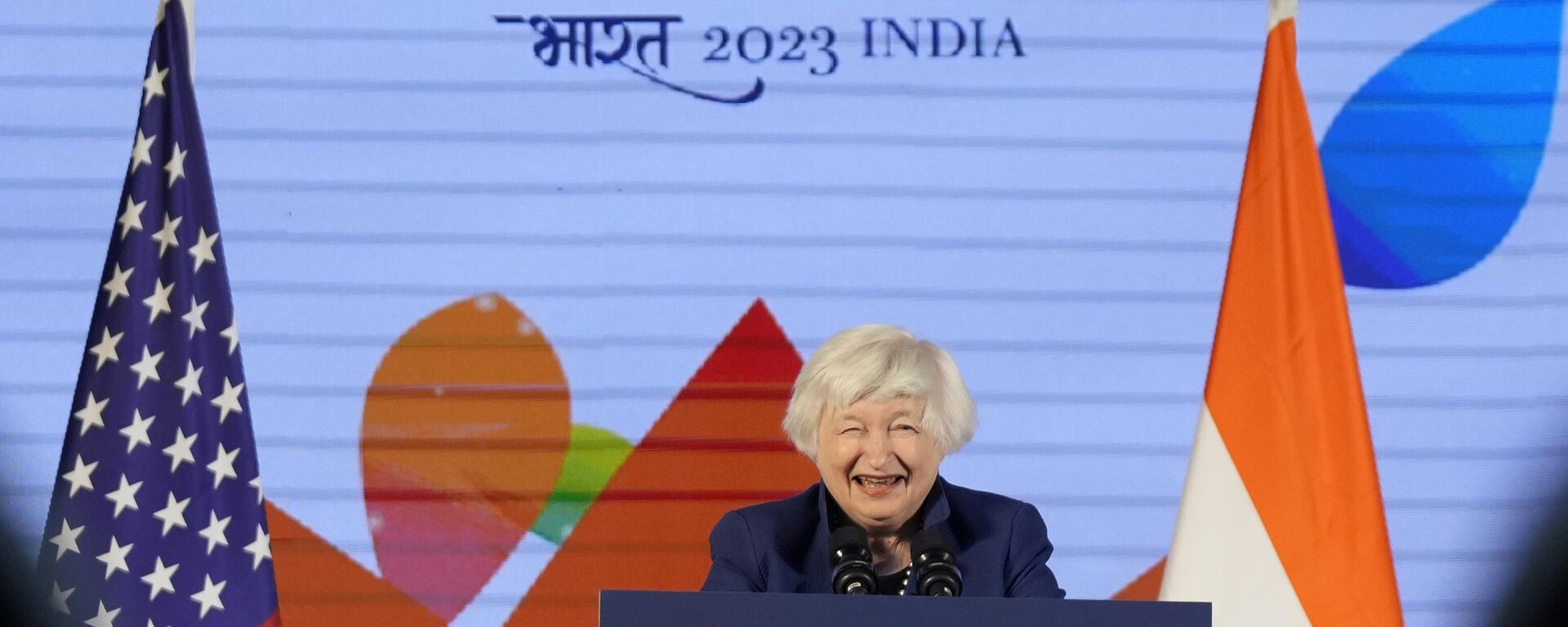 Janet Yellen, secretária do Tesouro dos EUA, durante encontro de líderes da economia do G20 em Bengaluru, na Índia, em 23 de fevereiro de 2023 - Sputnik Brasil, 1920, 23.02.2023