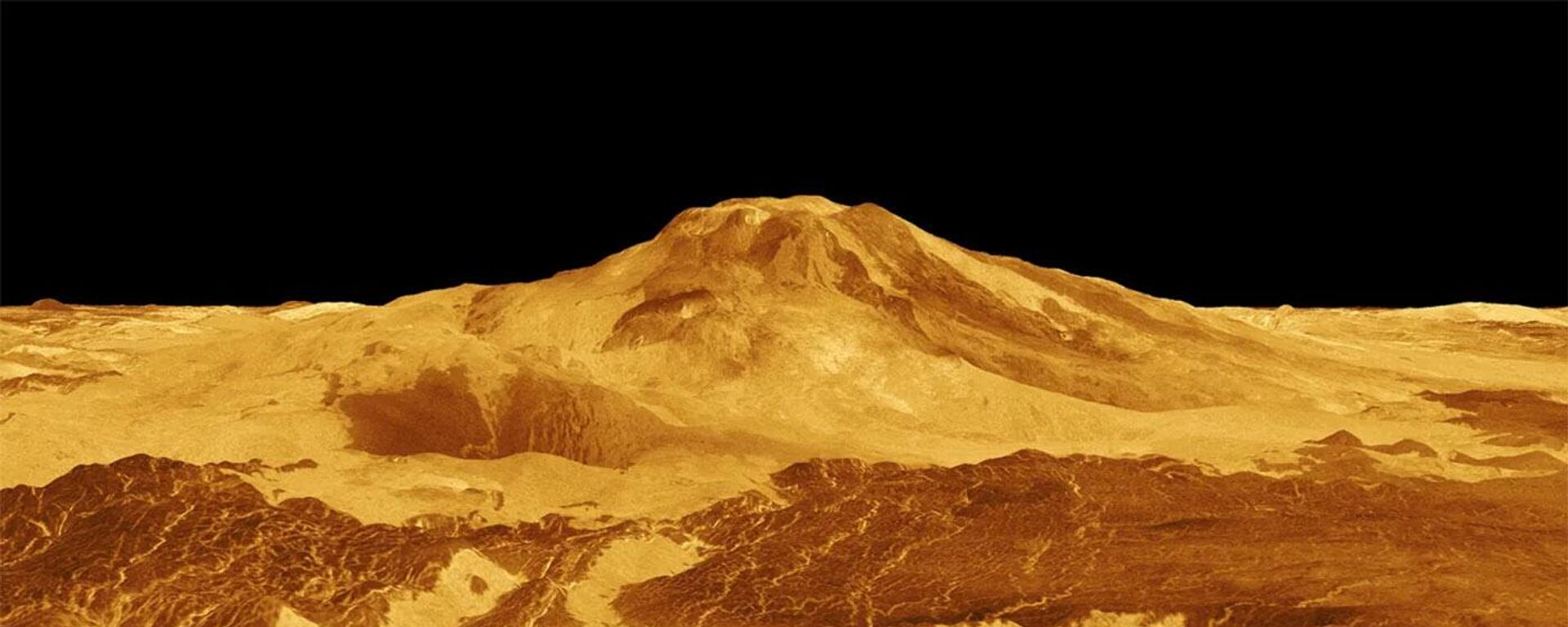 Imagem 3D gerada por computador de Maat Mons mostra como o vulcão e os fluxos de lava se estendem por centenas de quilômetros através das planícies fraturadas - Sputnik Brasil, 1920, 17.03.2023