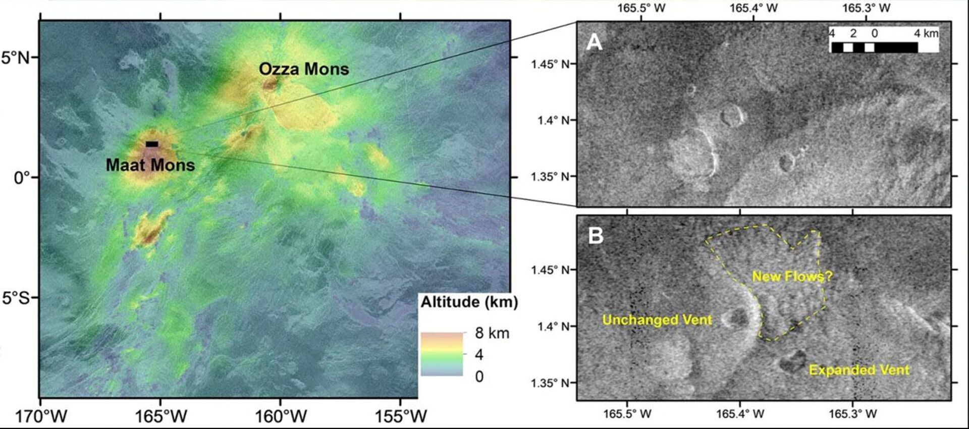 Dados de altitude (à esquerda) e imagens tiradas por Magalhães do respiradouro vulcânico (à direita) descrevem a atividade vulcânica em Vênus - Sputnik Brasil, 1920, 17.03.2023