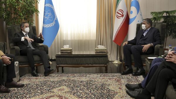 Rafael Grossi, diretor-geral da Agência Internacional de Energia Atômica (AIEA) (à esquerda), fala com Mohammad Eslami, chefe da Organização de Energia Atômica do Irã, durante reunião em Teerã, Irã, 5 de março de 2022 - Sputnik Brasil