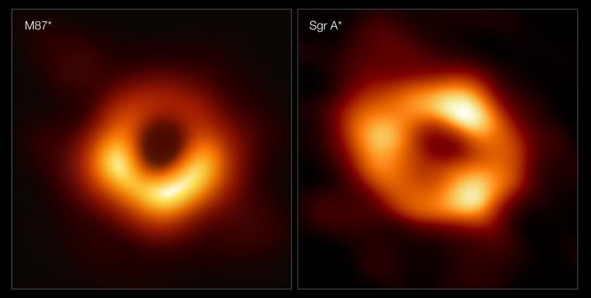 Imagem do buraco negro supermassivo M87, publicada pela colaboração do Telescópio de Horizonte de Eventos em 2019 (à esquerda) e criada pelo algoritmo PRIMO em 2023 (à direita) - Sputnik Brasil, 1920, 13.04.2023