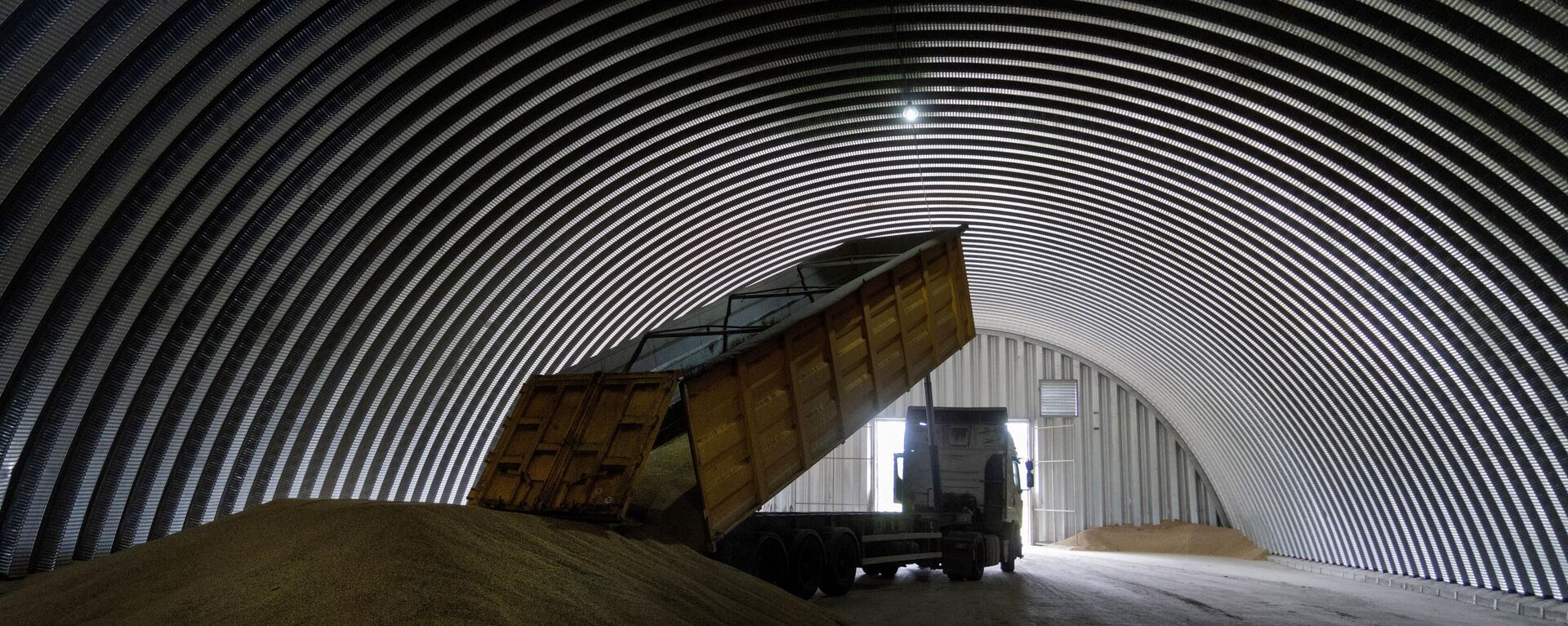 Um caminhão de carga descarrega grãos em um celeiro na vila de Zghurivka, Ucrânia, 9 de agosto de 2022 - Sputnik Brasil, 1920, 12.11.2023