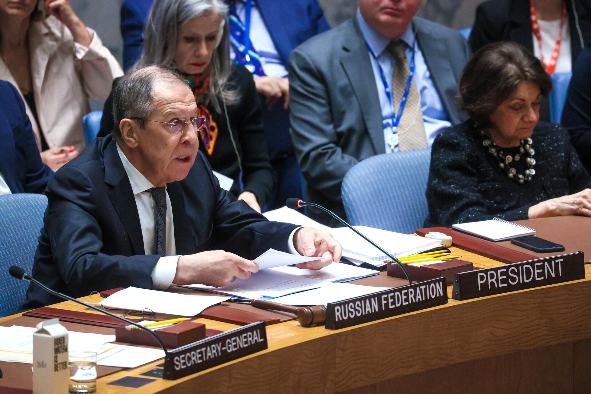 Sergei Lavrov, ministro das Relações Exteriores da Rússia, fala em sessão do Conselho de Segurança das Nações Unidas em Nova York, EUA, 24 de abril de 2023 - Sputnik Brasil, 1920, 14.09.2023