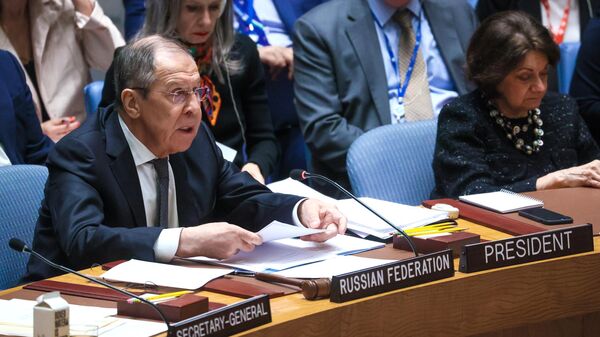 Sergei Lavrov, ministro das Relações Exteriores da Rússia, fala em sessão do Conselho de Segurança das Nações Unidas em Nova York, EUA, 24 de abril de 2023 - Sputnik Brasil
