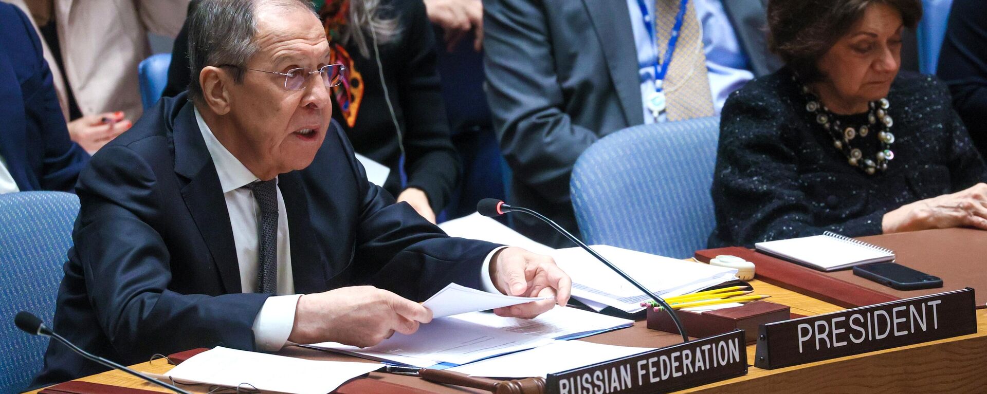 Sergei Lavrov, ministro das Relações Exteriores da Rússia, fala em sessão do Conselho de Segurança das Nações Unidas em Nova York, EUA, 24 de abril de 2023 - Sputnik Brasil, 1920, 24.04.2023