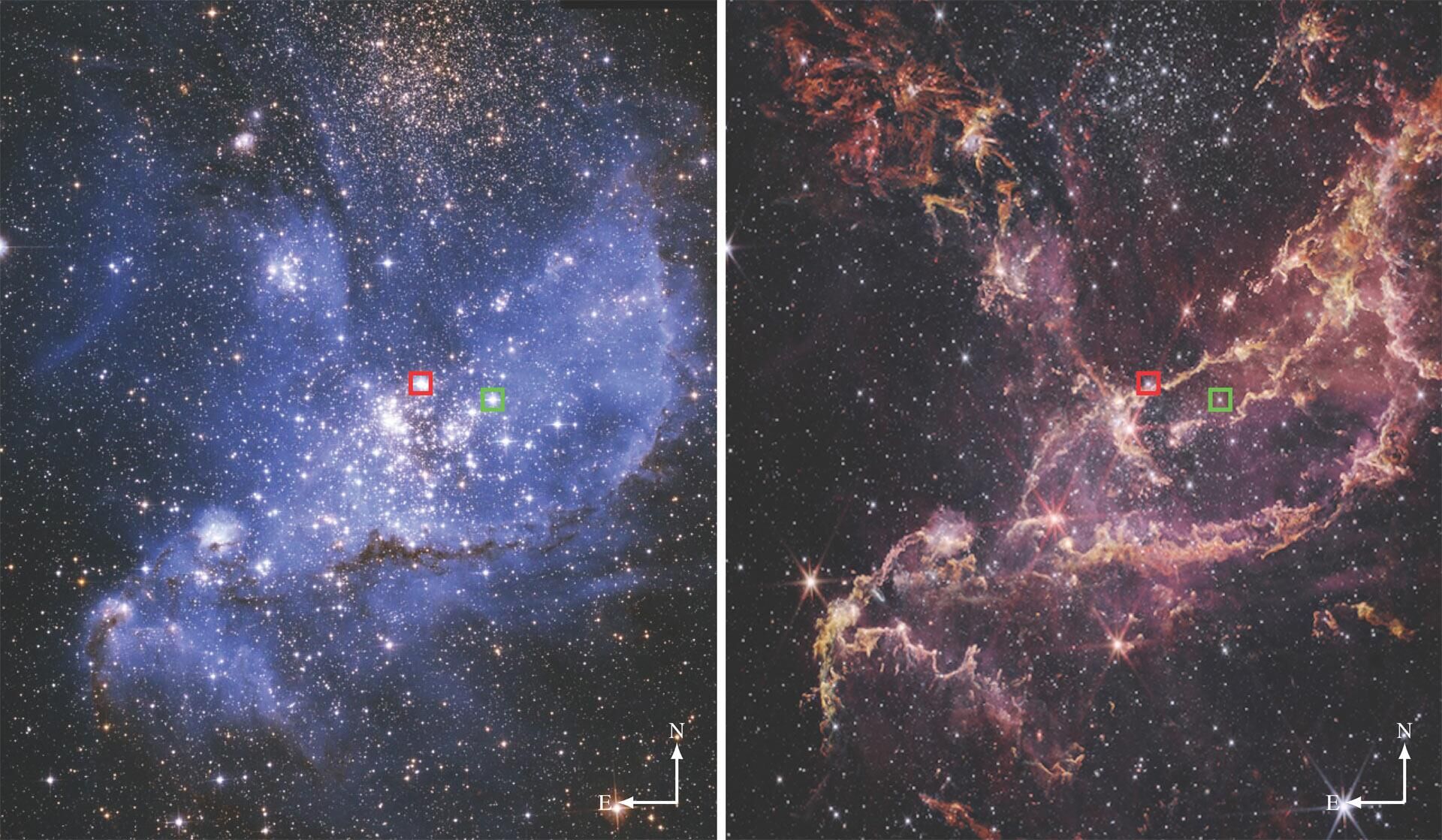 Imagem óptica (à esquerda) e infravermelha (à direita) da nebulosa NGC 346 na Pequena Nuvem de Magalhães; as posições das principais fontes ionizantes da NGC 346, nomeadamente SSN 7 e SSN 9, são destacadas por quadrados vermelhos e verdes, respectivamente - Sputnik Brasil, 1920, 02.05.2023