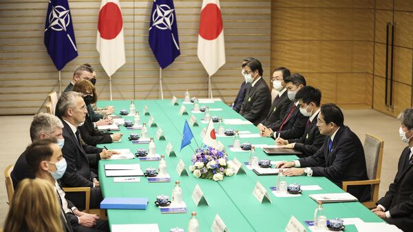 O secretário-geral da OTAN, Jens Stoltenberg, centro-esquerda, encontra-se com o primeiro-ministro do Japão, Fumio Kishida, centro-direita, Tóquio, 31 de janeiro de 2023 - Sputnik Brasil