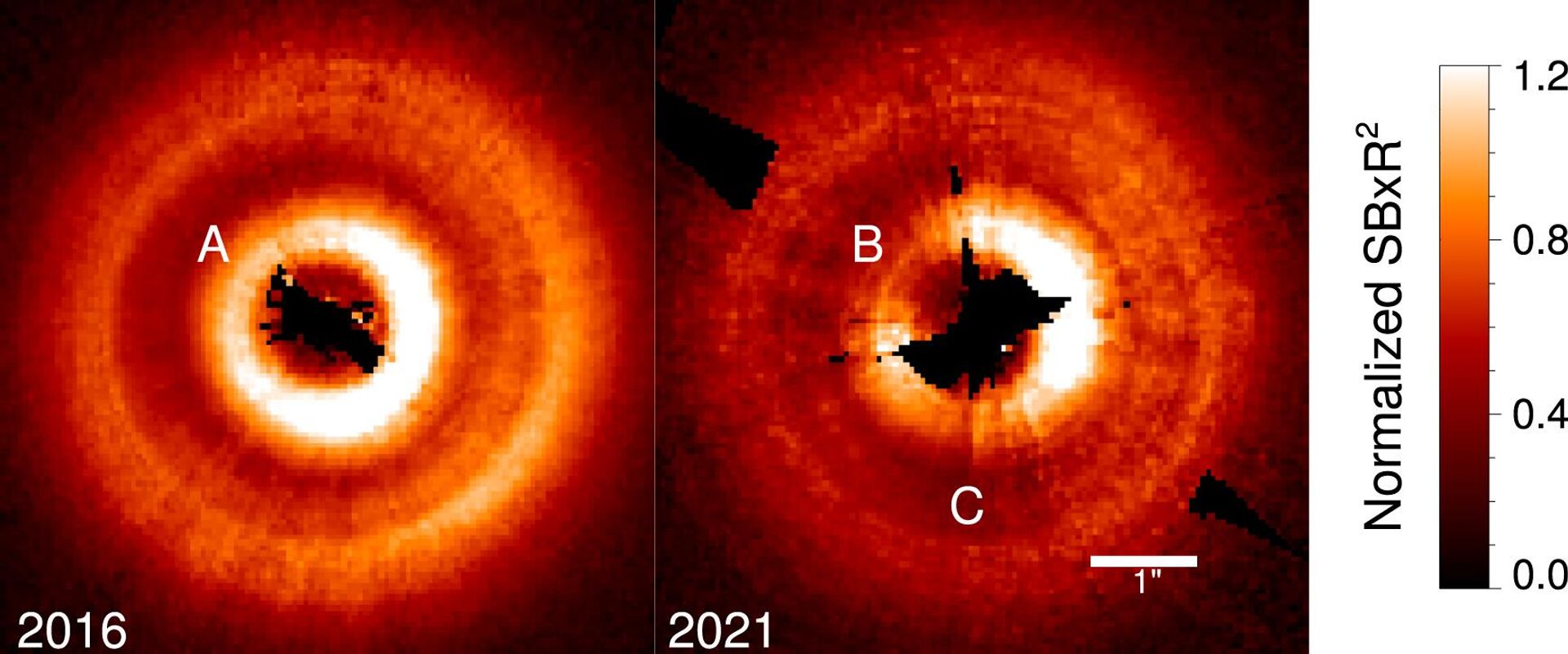 Imagens do disco TW Hya em luz visível, feitas pela STIS em 2016 e 2021 - Sputnik Brasil, 1920, 08.05.2023