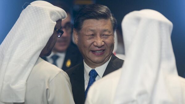 XI Jinping, presidente da China (no centro), fala com altos responsáveis dos Emirados Árabes Unidos na abertura da cúpula do G20 em Bali, Indonésia, 15 de novembro de 2022 - Sputnik Brasil