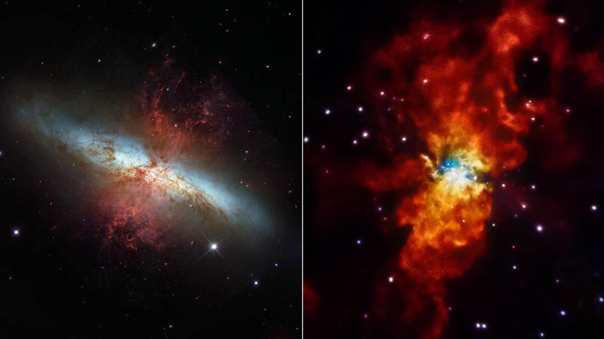 A galáxia Messier 82 (M82) é vista aqui em duas luzes diferentes. Uma visão de luz visível do Telescópio Espacial Hubble da NASA (E) e uma visão de raios-X do Observatório de Raios-X Chandra da NASA (D). A comparação destaca o quão diferente o universo pode parecer quando visto em outros comprimentos de onda de luz. M82 está localizado a 12 milhões de anos-luz de distância na constelação da Ursa Maior - Sputnik Brasil, 1920, 11.05.2023