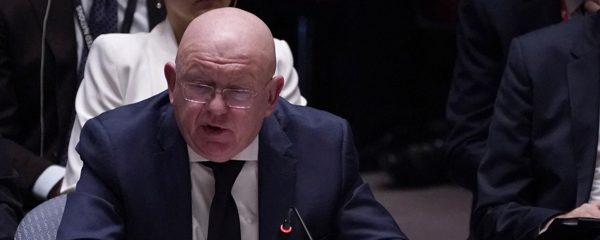 Vasily Nebenzya, representante permanente da Rússia na ONU, discursa durante reunião do Conselho de Segurança das Nações Unidas sobre a manutenção da paz e da segurança da Ucrânia na sede da ONU em Nova York, EUA, 24 de fevereiro de 2023. - Sputnik Brasil, 1920, 17.05.2023