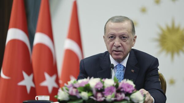Nesta imagem distribuída pela Presidência da Turquia, o presidente, Recep Tayyip Erdogan, inaugura a primeira central nuclear do país por videoconferência, no Palácio Presidencial, em Ancara, em 27 de abril de 2023 - Sputnik Brasil
