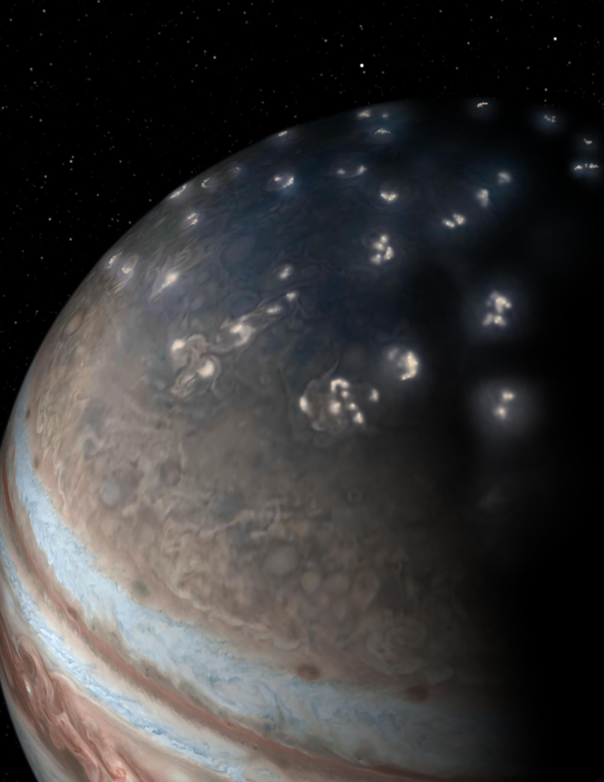 Ilustração artística de distribuição de raios no hemisfério norte de Júpiter que incorpora uma foto do instrumento JunoCam montado na sonda Juno da NASA com enfeites artísticos - Sputnik Brasil, 1920, 24.05.2023
