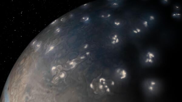 Ilustração artística de distribuição de raios no hemisfério norte de Júpiter que incorpora uma foto do instrumento JunoCam montado na sonda Juno da NASA com enfeites artísticos - Sputnik Brasil