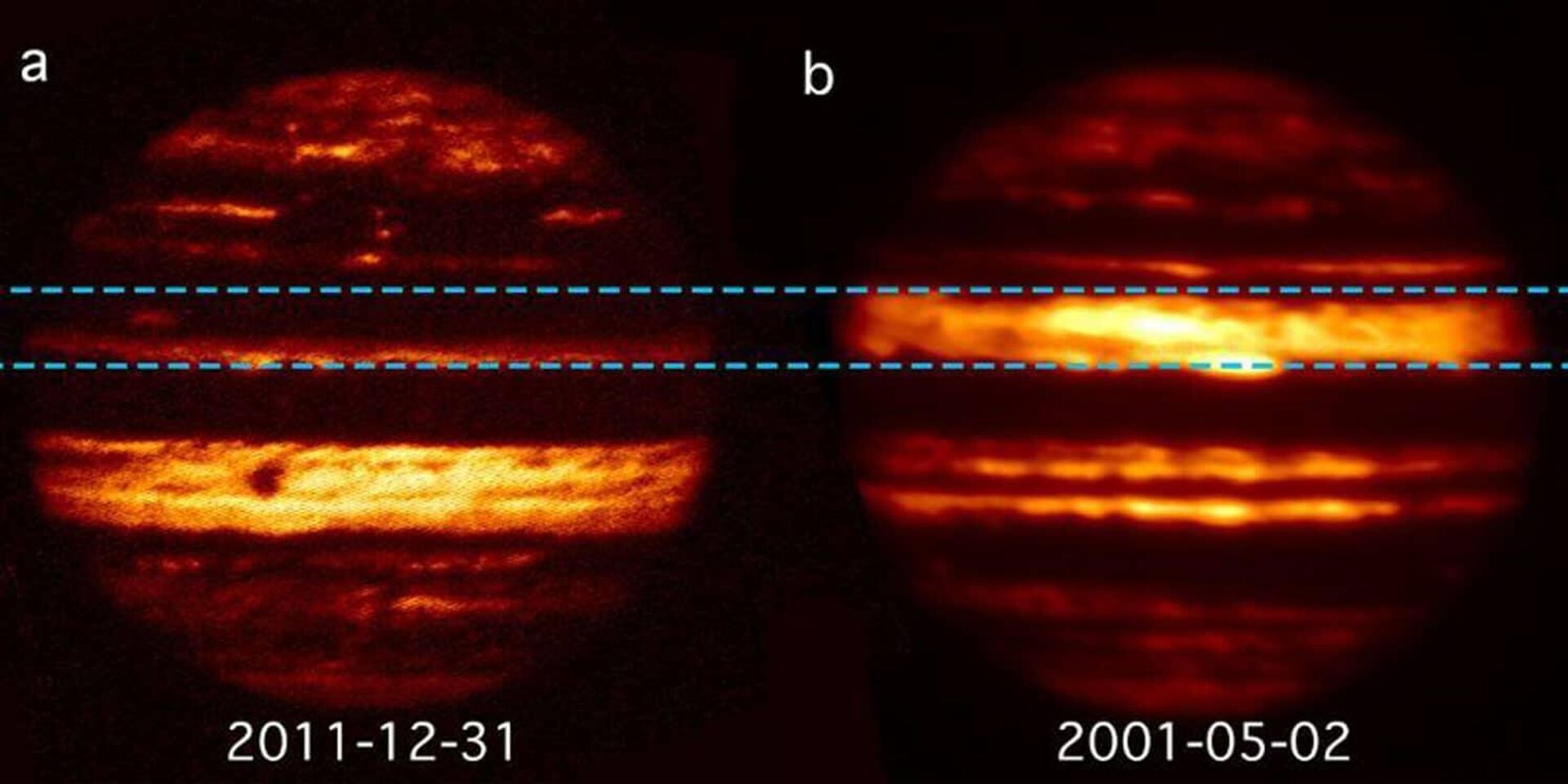 Duas imagens de Júpiter, tiradas de um telescópio infravermelho com 10 anos de diferença - Sputnik Brasil, 1920, 29.05.2023