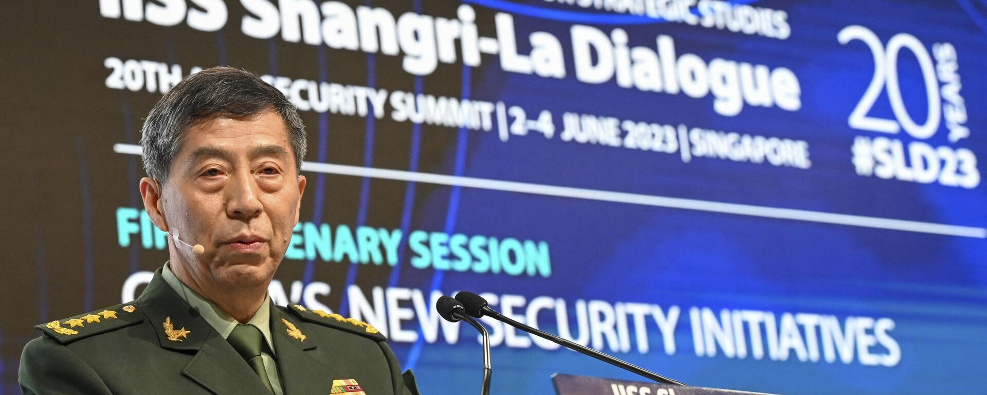 Li Shangfu, ministro da Defesa Nacional da China, dá discurso durante a 20ª cúpula do Diálogo de Shangri-La em Cingapura, 4 de junho de 2023 - Sputnik Brasil, 1920, 04.06.2023