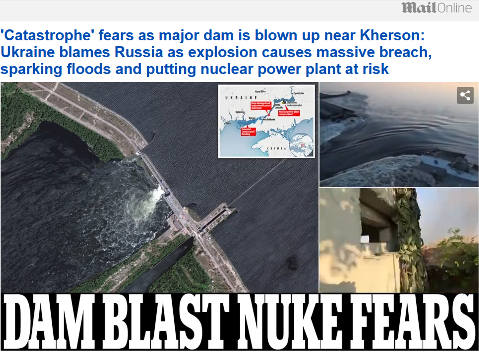 Captura de tela da opinião do Daily Mail sobre a destruição da barragem da usina hidrelétrica de Kakhovka culpando a Rússia - Sputnik Brasil, 1920, 06.06.2023
