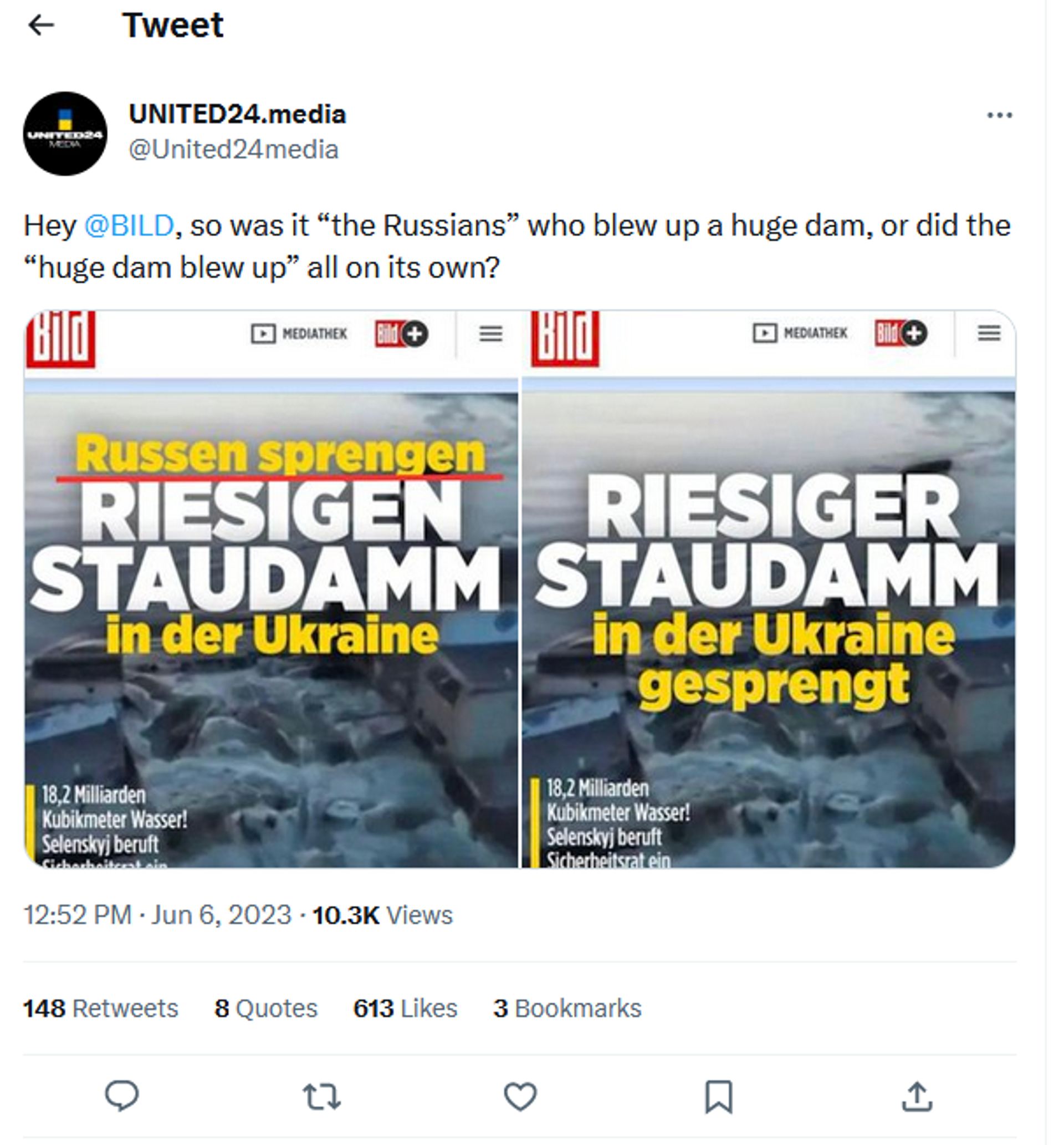 Tweet cheio de raiva sobre a edição pelo Bild de sua manchete sobre o ataque à hidrelétrica de Kakhovka removendo as palavras Russos explodem - Sputnik Brasil, 1920, 06.06.2023