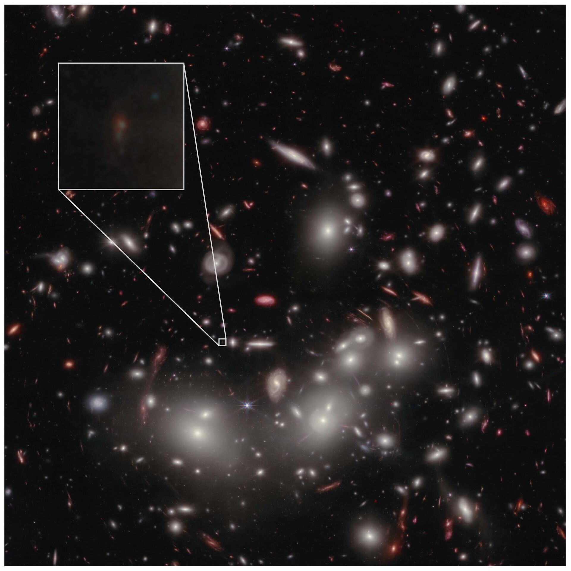 Uma imagem projetada da galáxia JD1, que está localizada atrás de um brilhante aglomerado de galáxia chamado Abell 2744 - Sputnik Brasil, 1920, 07.06.2023
