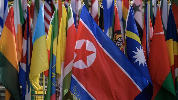 A bandeira da Coreia do Norte é exibida com outras nas Nações Unidas em Nova York em 21 de junho de 2023 - Sputnik Brasil