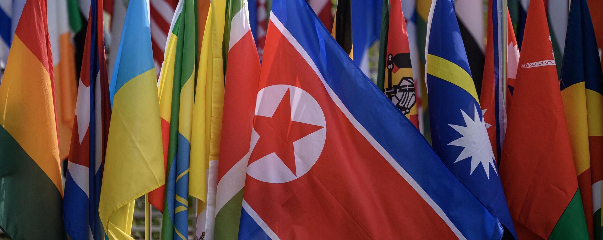 A bandeira da Coreia do Norte é exibida com outras nas Nações Unidas em Nova York em 21 de junho de 2023 - Sputnik Brasil, 1920, 27.06.2023