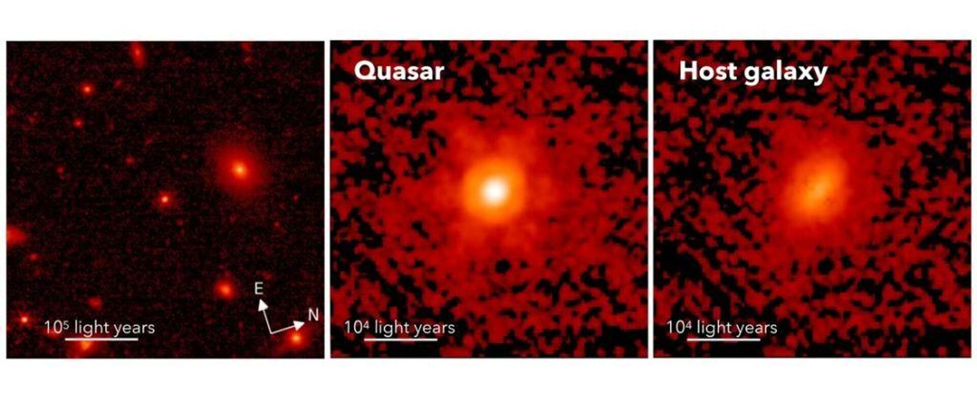 A imagem com menos zoom (E), a imagem do quasar (C) e a imagem da galáxia hospedeira depois de subtrair a luz do quasar (D). A escala da imagem em anos-luz é indicada em cada painel - Sputnik Brasil, 1920, 29.06.2023