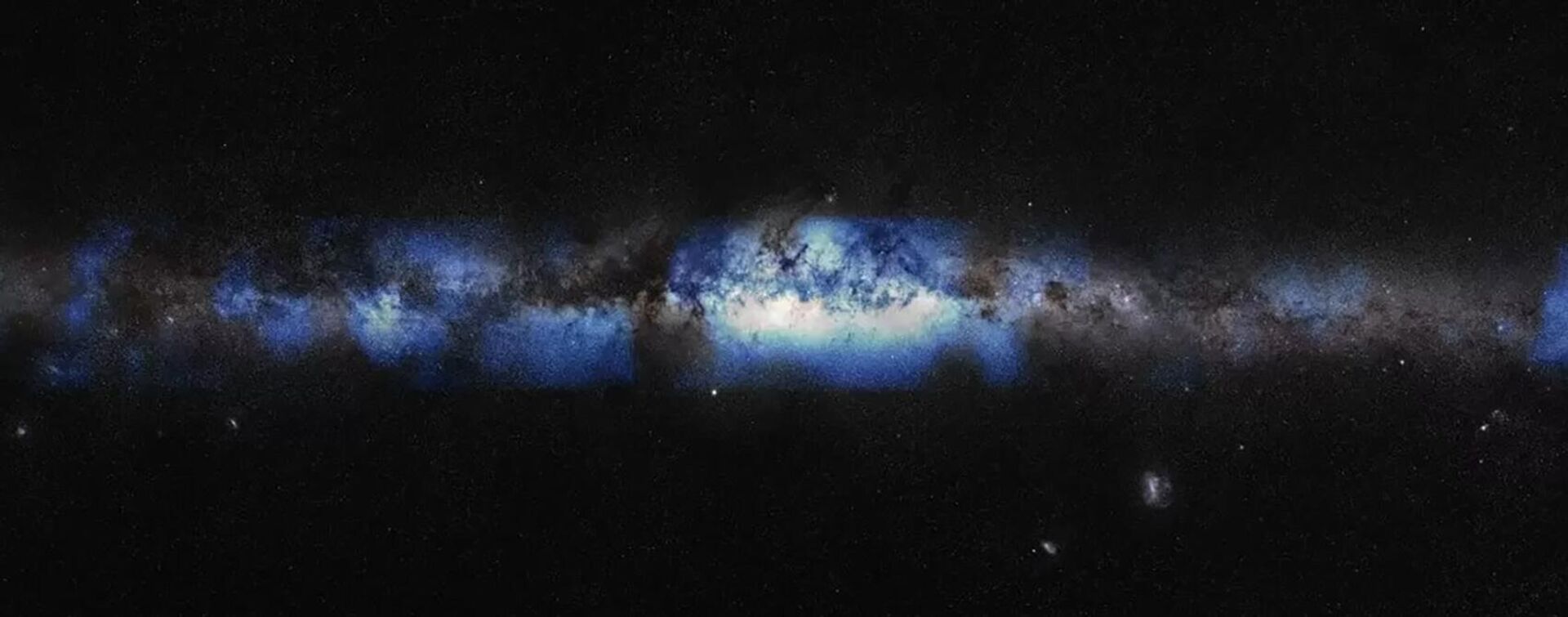 Uma imagem composta de uma visão óptica da Via Láctea juntamente com a primeira imagem da Via Láctea baseada em neutrino. Os neutrinos detectados estão representados em azul - Sputnik Brasil, 1920, 03.07.2023