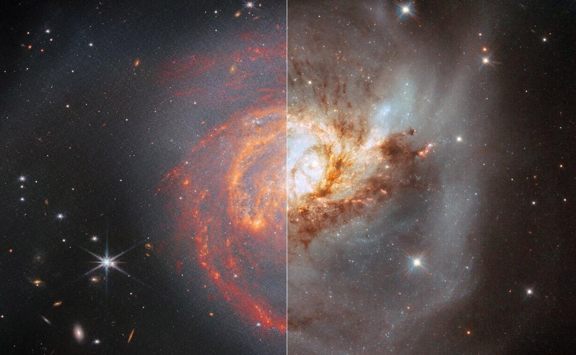 Essas imagens apresentam as consequências de uma colisão frontal entre duas galáxias espirais, resultando em destroços distorcidos, conhecidos como NGC 3256 - Sputnik Brasil, 1920, 03.07.2023