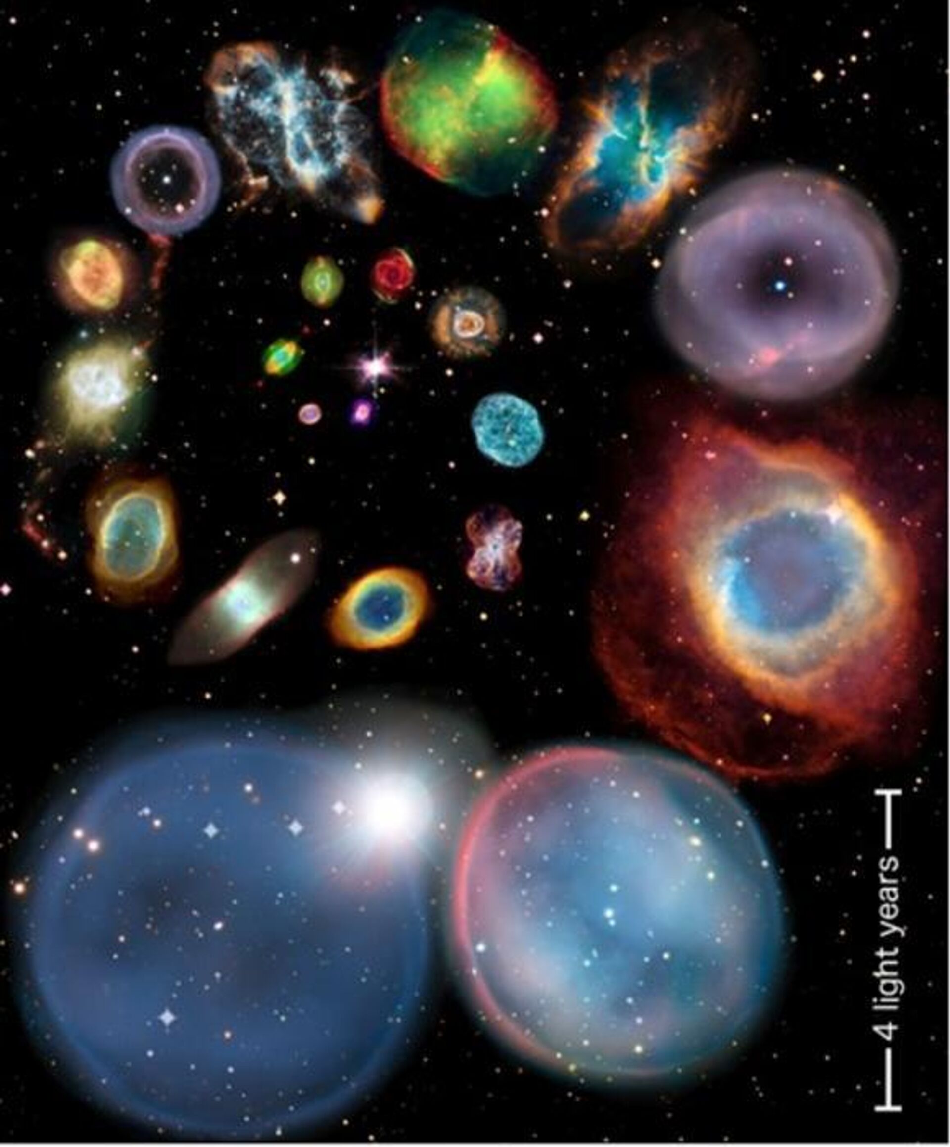 Colagem mostra 22 nebulosas planetárias alinhadas em um padrão espiral por ordem de tamanho físico aproximado - Sputnik Brasil, 1920, 19.07.2023