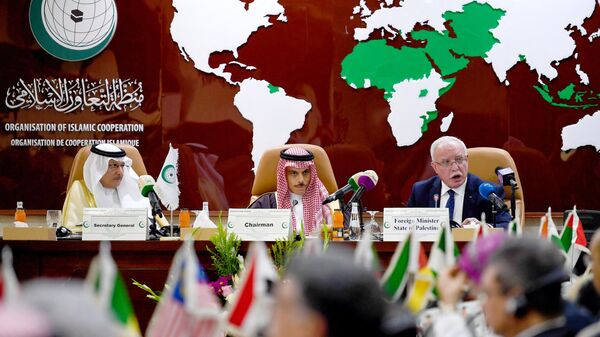 O ministro das Relações Exteriores da Palestina, Riyad al-Maliki (R), faz um discurso durante uma reunião ministerial de emergência da Organização de Cooperação Islâmica (OIC) em Jeddah - Sputnik Brasil