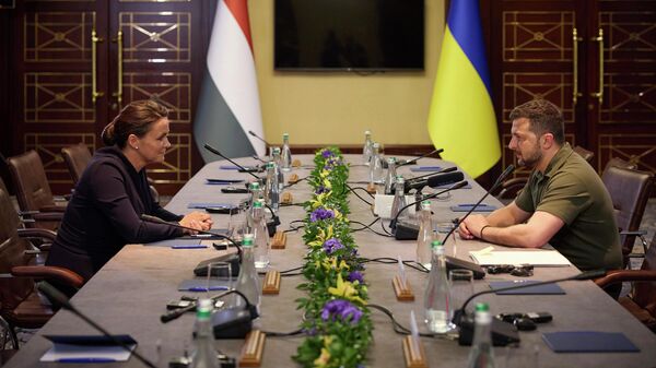 O presidente ucraniano Vladimir Zelensky, à direita, e a presidente húngara Katalin Novak conversam durante sua reunião em Kiev, Ucrânia, 23 de agosto de 2023 - Sputnik Brasil