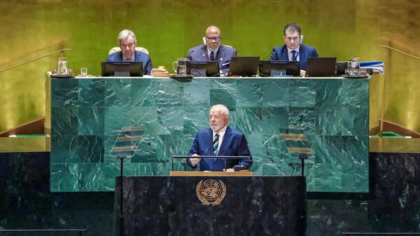 Luiz Inácio Lula da Silva discursa na abertura da 78ª Assembleia Geral da ONU, em Nova York. EUA, 19 de setembro de 2023 - Sputnik Brasil